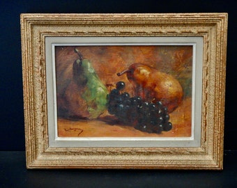 Original 1930s Parisian Art - Vintage French Painting - Oil on Wood Pears and Grapes - Original Signed Still Life by Paul Dangman - DC7