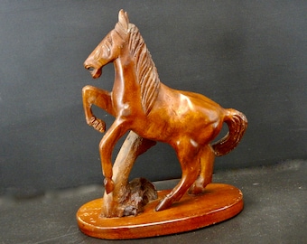 Vintage French Wooden Horse - Rearing Stallion Carving - Naive Carving - Sculpted in Solid Dark Wood - D149