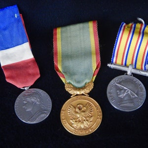 Three French Medals: Vintage Silver Metal and Gold Tone - Awards for Service and Devotion to the French Republic - MT15
