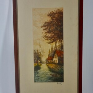 Original Early Marais Poitevin Etching - Vintage Hand Coloured Engraving of France's famous Marais Poitevin National Park by Martil - AP61