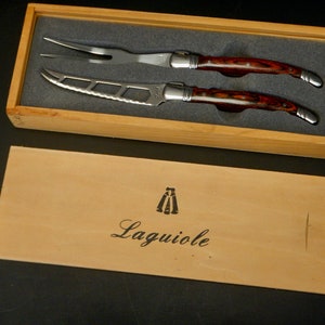 VINTAGE Laguiole ORIGINAL Käsemesser und Gabel Set - Käseset in Holzbox - Neues unbenutztes Laguiole Geschenkset - TBL30