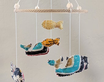 Whale/Nautical Theme Baby Mobile - Nursery/Baby Shower Gift - Boho, Eclectic, Colorful, Global, Kantha Fabric Crib Mobile - Handmade