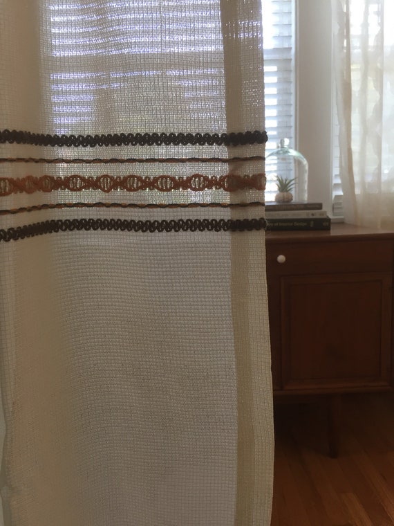 1960s Cream Curtains With Dark Brown Trim 2 Panels