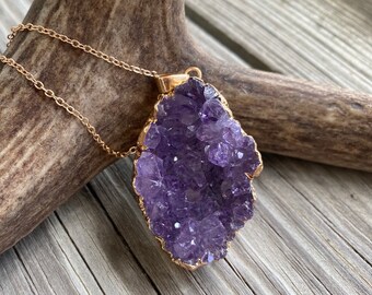 Purple necklace and bracelet with natural stones amethyst and quartz Necklace with a large stone as a gift for her Bracelet massive
