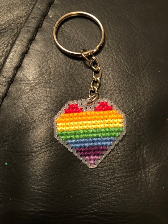 Rainbow Crossstitch Heart Keyrings on Plastic Aida Pride Etsy