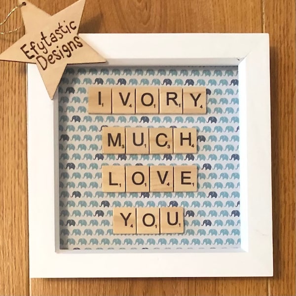 Ivory Much Love You, Wooden Letter 6x6” Box Frame, Elephant Background. Perfect 14th Wedding Anniversary, Valentines Gift. Home Decor.