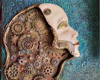 Steampunk Mechanical head with cogs on textured wooden board approx 35 x 28cms