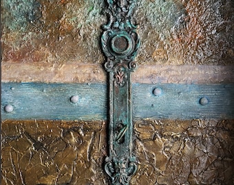 Abstract Mixed Media wallart 30 x 30 cm title "Chateau"  lock and key on textured wooden panel