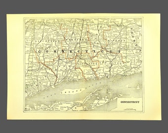 Antique CONNECTICUT State Map Lithograph Old Birthday Gift New Home Gift