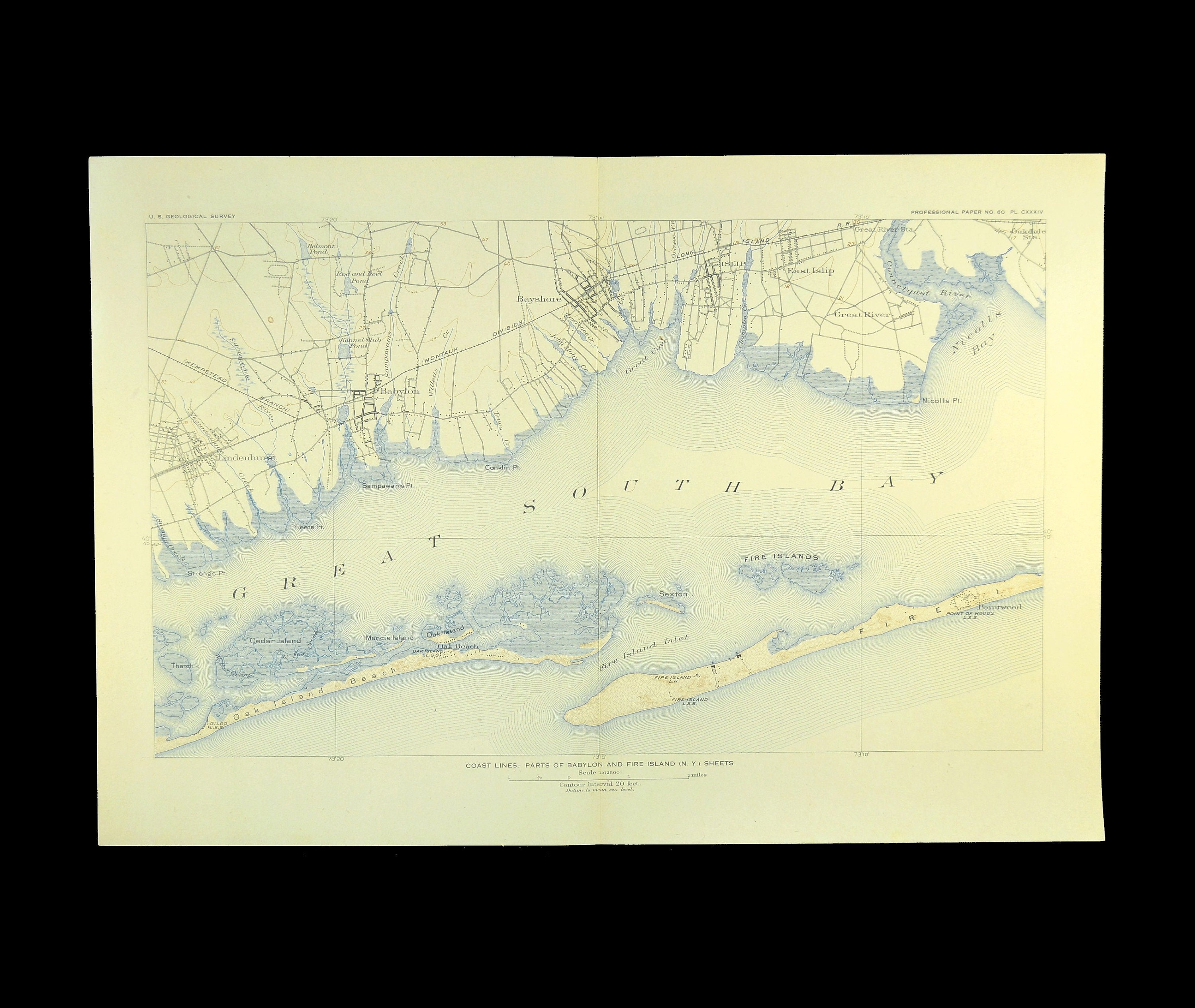 Babylon Map of Bay Shore New York Topographic Print Antique Long Island ...