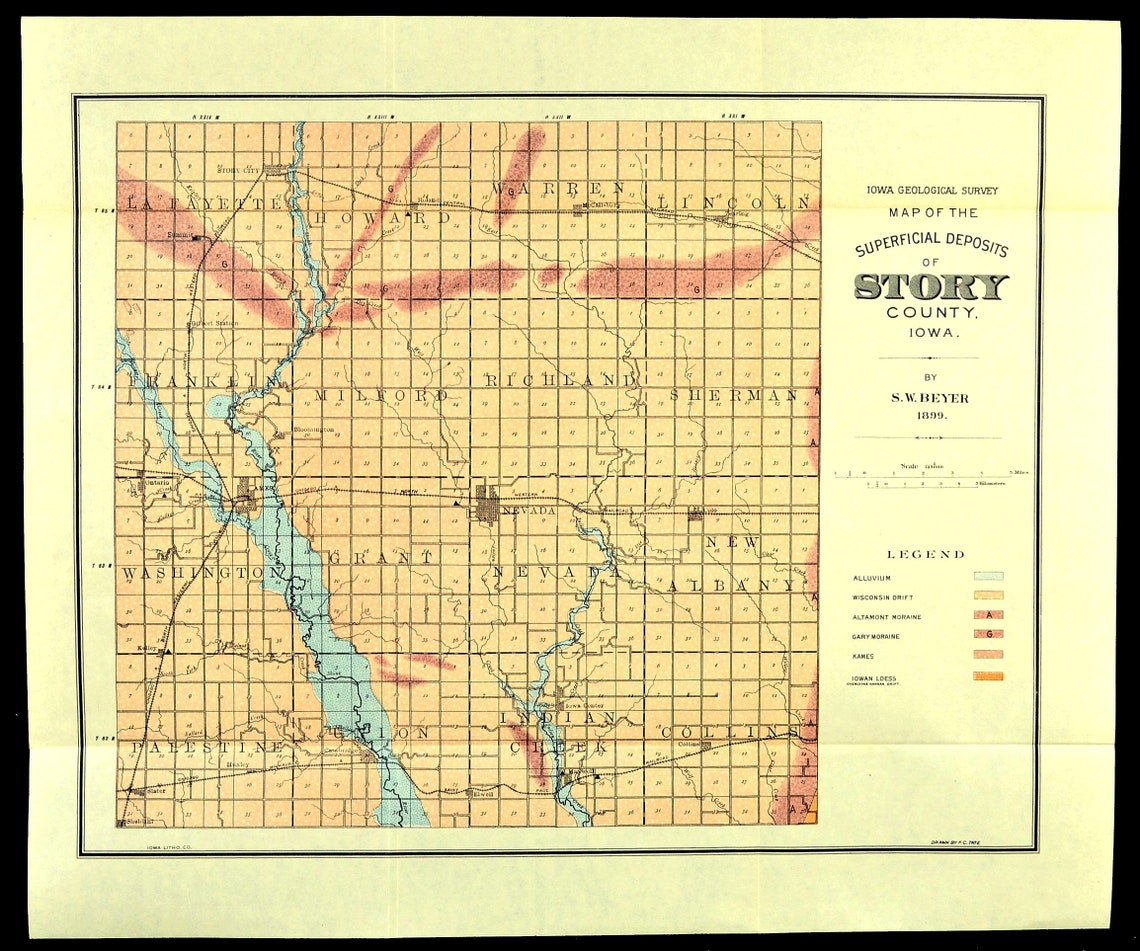 Story County Iowa Map Antique Original Geological Map Nevada Etsy