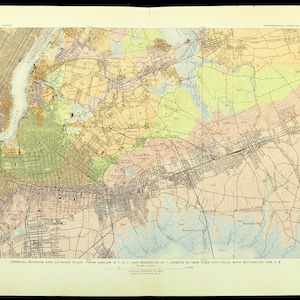 Puede incluir: Un mapa geológico antiguo de la ciudad de Nueva York, con Harlem y Brooklyn. El mapa utiliza una variedad de colores para denotar diferentes características geológicas. El texto en la parte inferior dice "Terminal Moraine and Outwash Plain from Harlem N.Y. & Brooklyn N.Y."