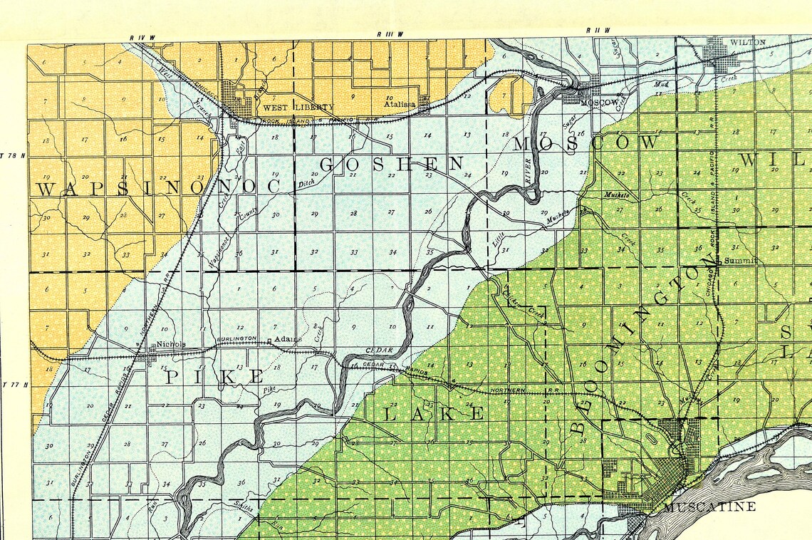 Muscatine County Map Antique Iowa Map Muscatine Original West Etsy