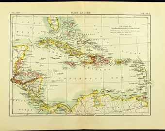 Vintage West Indies Map Antique Caribbean Lithograph Sea Cuba Haiti Virgin Islands Central America Chromolithograph