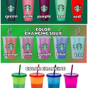 May include: A collection of reusable Starbucks cups in various colors, including green, pink, purple, teal, red, orange, blue, and a color-changing option. The cups are arranged in three rows, with the top row labeled "Glitter", the middle row labeled "Color Changing Sbux", and the bottom row labeled "Color Changing".