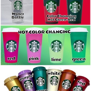 May include: A set of Starbucks tumblers in various colors, including red, pink, lime, green, purple, white, gold, and orange. The tumblers are color-changing, metallic, and feature the Starbucks logo. The set also includes a clear water bottle with the Starbucks logo.
