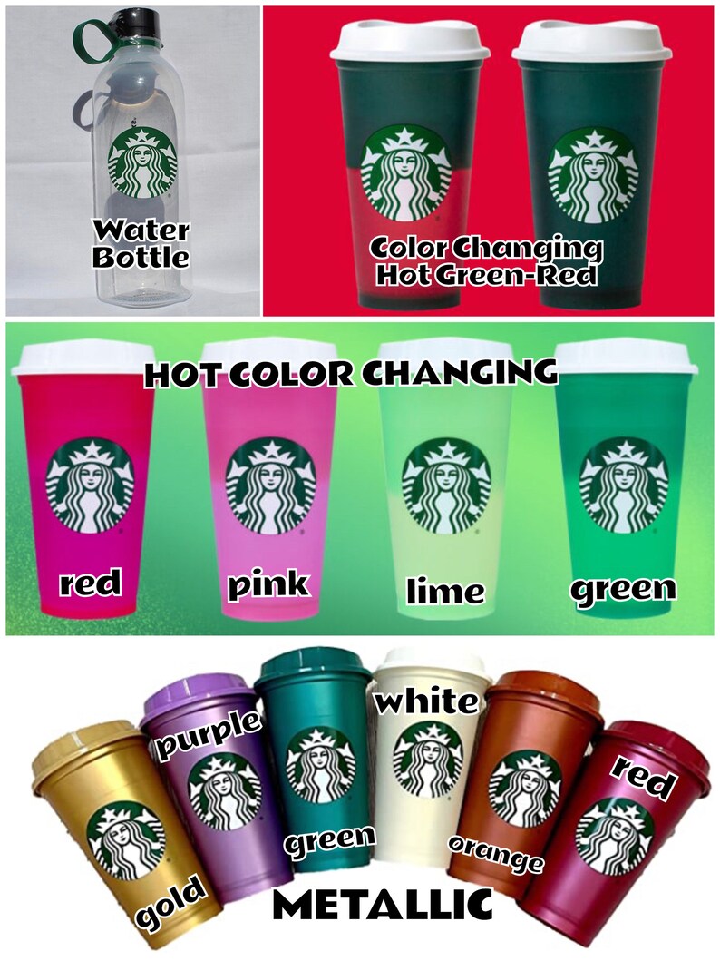May include: A set of Starbucks tumblers in various colors, including red, pink, lime, green, purple, white, gold, and orange. The tumblers are color-changing, metallic, and feature the Starbucks logo. The set also includes a clear water bottle with the Starbucks logo.