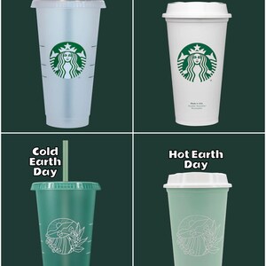 May include: Four reusable Starbucks cups, two with a green mermaid logo and two with a green Earth Day design. The cups are labeled "Cold", "Hot", "Cold Earth Day", and "Hot Earth Day".