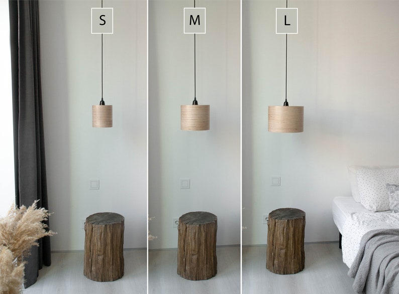 May include: Three wooden pendant lights in different sizes, labeled S, M, and L. The lights are hanging from black cords and have a natural wood finish.