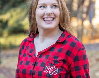 Monogramed Christmas Pajama Set - Embroidered Buffalo Plaid Pajama