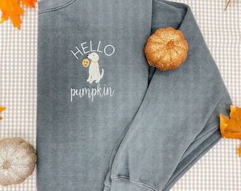 Hello Pumpkin Embroidered Sweatshirt, Fall Sweatshirt, Embroidered Custom Crewneck Sweatshirt, Dog Pumpkin Fall