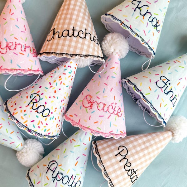 Personalized Dog Birthday Hat – Embroidered with Your Pup’s Name | Handmade in Pink, Blue, or White | Dog Birthday Party Decor