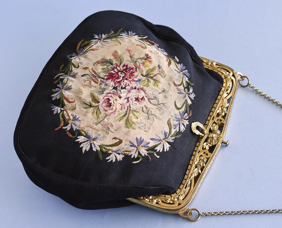 Vintage Aubusson Tapestry Purse, Black with Flora… - image 7