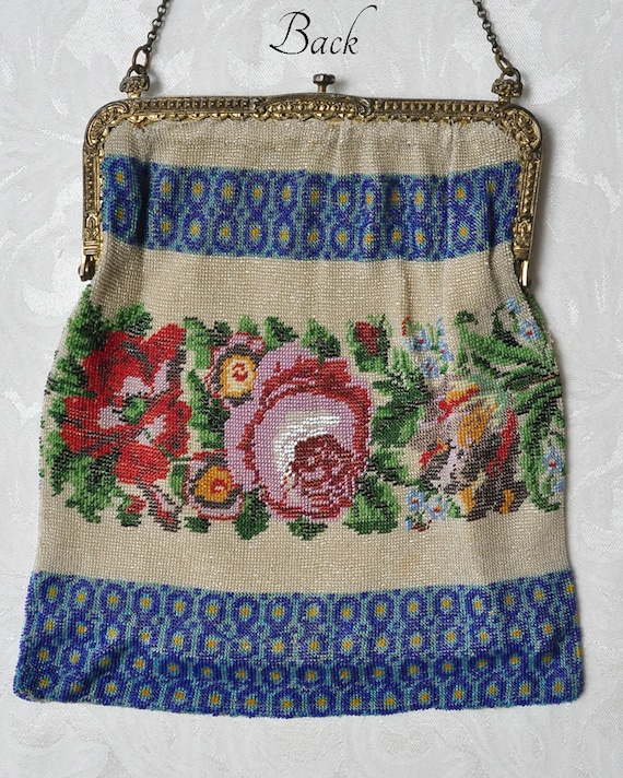 Antique Microbeaded Purse, Large Floral 1920s Bea… - image 2