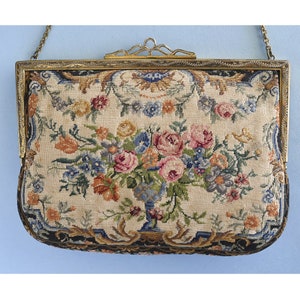 Vintage MICRO Petite Point Purse, Flowers in Vase, Gold Frame 1920&#39;s Needlework Purse, Beige Pink Green, Hand Embroidered