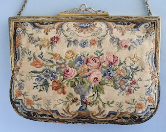 Monedero vintage MICRO Petite Point con flores en jarrón y marco dorado, bordado a mano, años 20