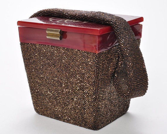 Beaded Bakelite Box Purse, 1940s Lucite Box Purse,