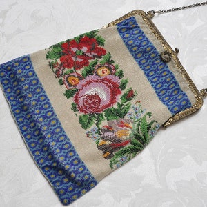 Antique Microbeaded Purse, Large Floral 1920s Beaded Purse, Collectible Beaded Purse, White Blue Red Green, Vintage Beaded Purse