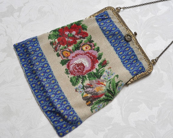 Antique Microbeaded Purse, Large Floral 1920s Bea… - image 1