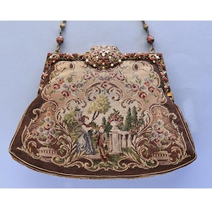 Vintage FIGURAL MICRO Petite Point Purse, JEWELED Frame 1920&#39;s Needlework Purse, Enameled Frame, Hand Embroidered Purse