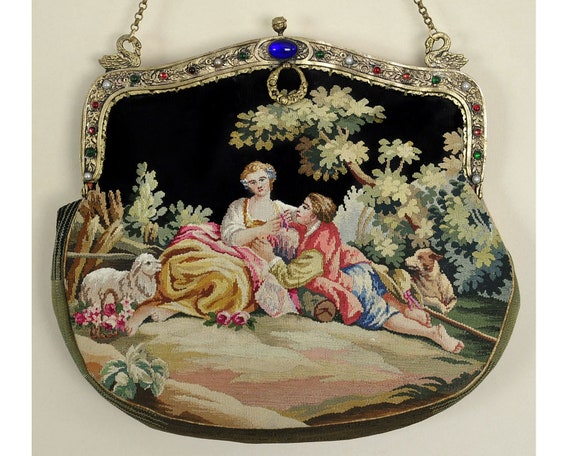 French Aubusson Tapestry Figural Purse, Jeweled Fr