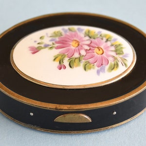 Vintage Bliss Bros. Double Vanity Compact, Enamel with Flowers, 1940&#39;s Powder Compact, Two in One Powder and Rogue Compact, Black White Pink