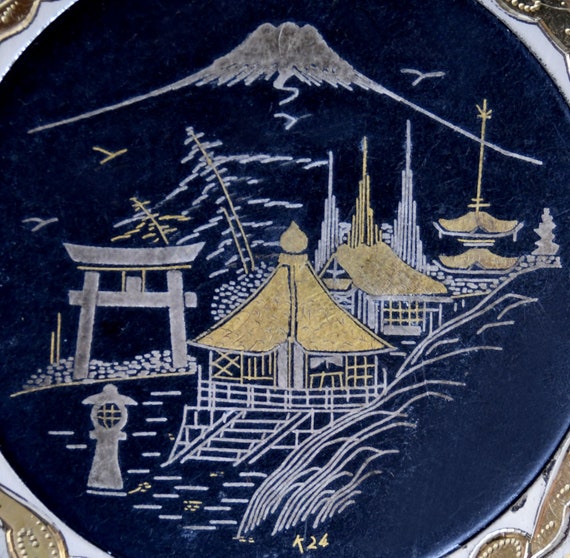 Large DAMASCENE Powder Compact, Japanese Motive, … - image 7