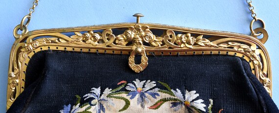Vintage Aubusson Tapestry Purse, Black with Flora… - image 2