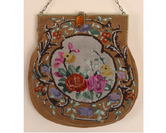 Antique Petit Point Needlepoint Purse Double Scenes Cottage and Floral -  Ruby Lane