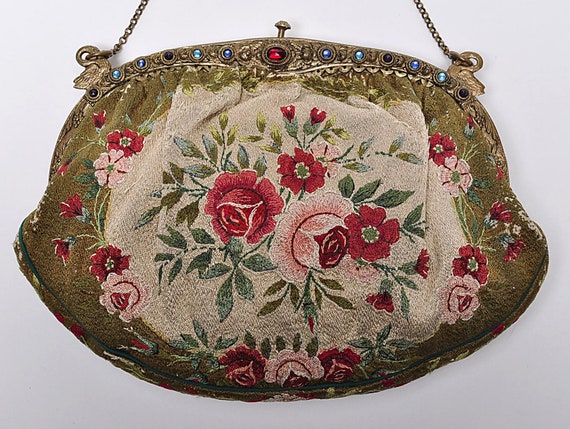Antique Figural Embroidered Purse, Jeweled Frame,… - image 2