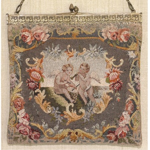 Vintage gestickte Geldbörse mit Putten oder Engeln, mit Seide genähter gestickter Geldbörse, doppelseitig, filigraner Rahmen, 1900er Jahre Tasche PERFEKTER ZUSTAND