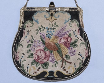 Vintage Micro Petit Point Purse with BIRD and Flowers, Figural Petit Point Purse with JEWELED and ENAMELED Frame, 1920's Needlework Purse