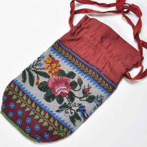 Microbeaded antique purse, pre 1900 beaded purse, collectible micro-beaded drawstring purse, roses leaves, green maroon white