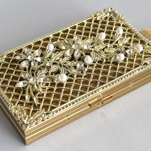 Vintage CARRYALL with PEARLS and RHINESTONES, 1950&#39;s Two-Sided Vanity Compact Purse, Gold Toned Minaudiere