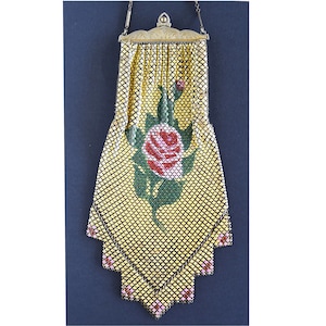 UNUSUAL WHITING and DAVIS Mesh Purse, Bookpiece, Vintage Mesh Purse with Rose, 1920's Flapper Mesh Purse with Flower