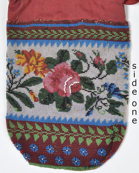 アンティークマイクロビーズ巾着袋、花柄、1900年以前 - Etsy 日本