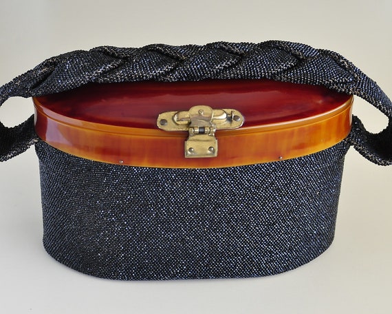 Beaded Bakelite Box Purse, 1940s Oval Box Purse, V