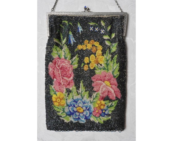 Antique Floral Microbeaded Purse, 1920s Beaded Pur