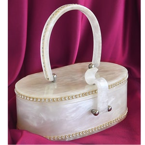 Vintage WHITE PEARLIZED WILARDY Lucite Purse with Rhinestones, 1950&#39;s Pearlized Lucite Purse, Wilardy Vintage Box Purse with Rhinestones