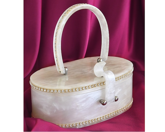 Vintage WHITE PEARLIZED WILARDY Lucite Purse With Rhinestones